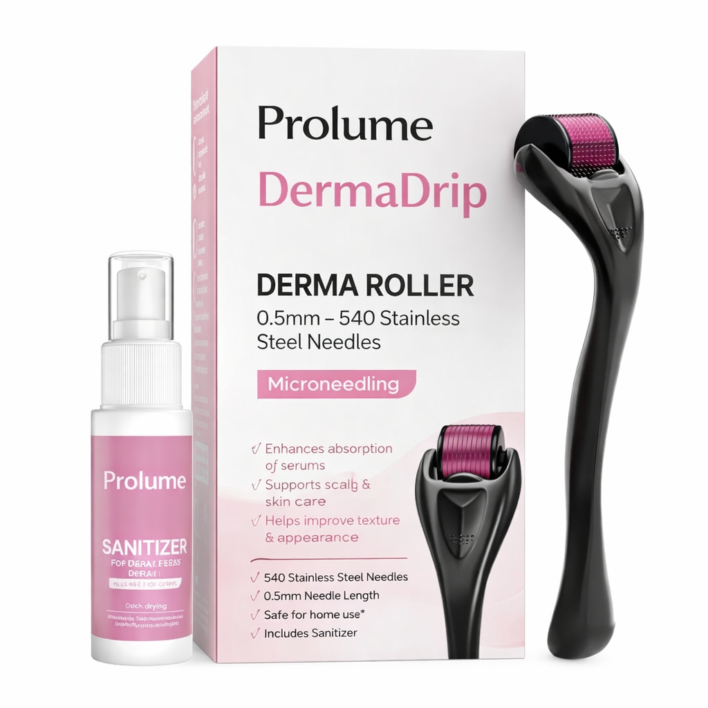 DermaDrip Derma Roller 0.5mm – 540 Stainless Steel Needles (With Sanitiser)