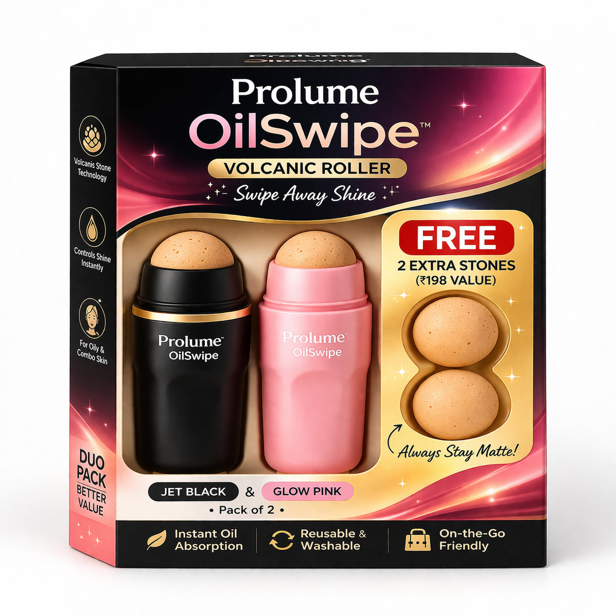 OilSwipe Volcanic Roller (Pack of 2)  With FREE 2 Extra Stones