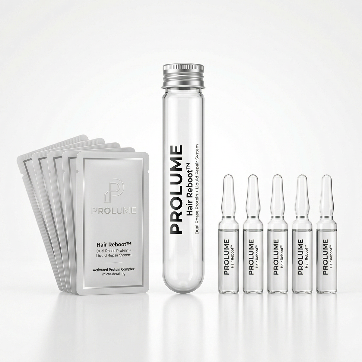 Hair Reboot Test Tube Therapy  Dual Phase Protein + Liquid Repair System  Lab Test Tube Packaging | 1 Tube + 5 Powder Sachets + 5 Liquid Ampoules