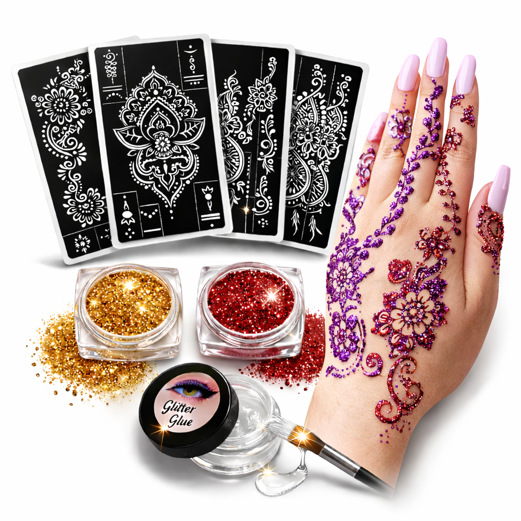 GlitterMehndi™ Art Kit with 10 Henna Tattoo Stencils & 2 Glitter Powders with Glitter Glue