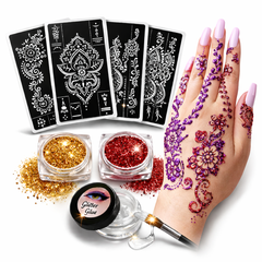 GlitterMehndi™ Art Kit with 10 Henna Tattoo Stencils & 2 Glitter Powders with Glitter Glue