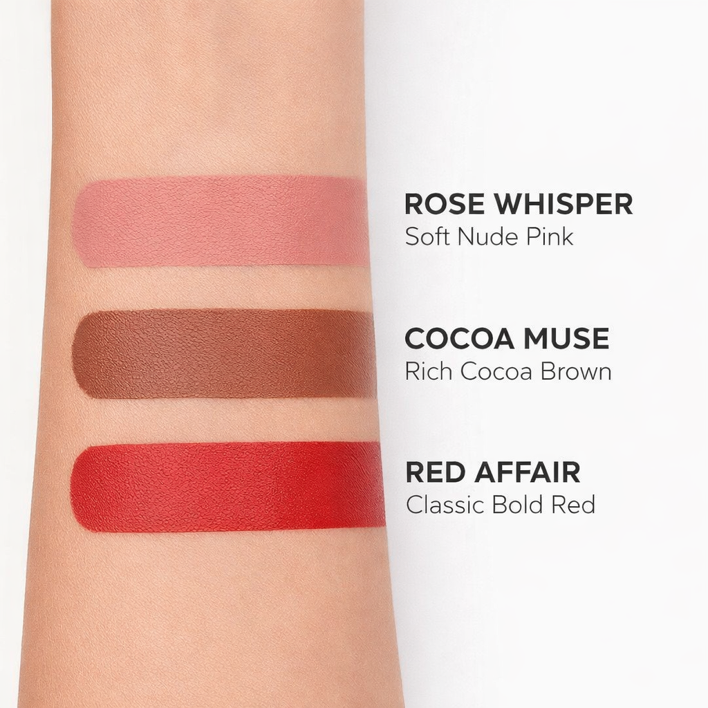 LipMood Matte Lipstick – Rose Whisper, Cocoa Muse & Red Affair (Pack of 3)