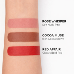 LipMood Matte Lipstick – Rose Whisper, Cocoa Muse & Red Affair (Pack of 3)