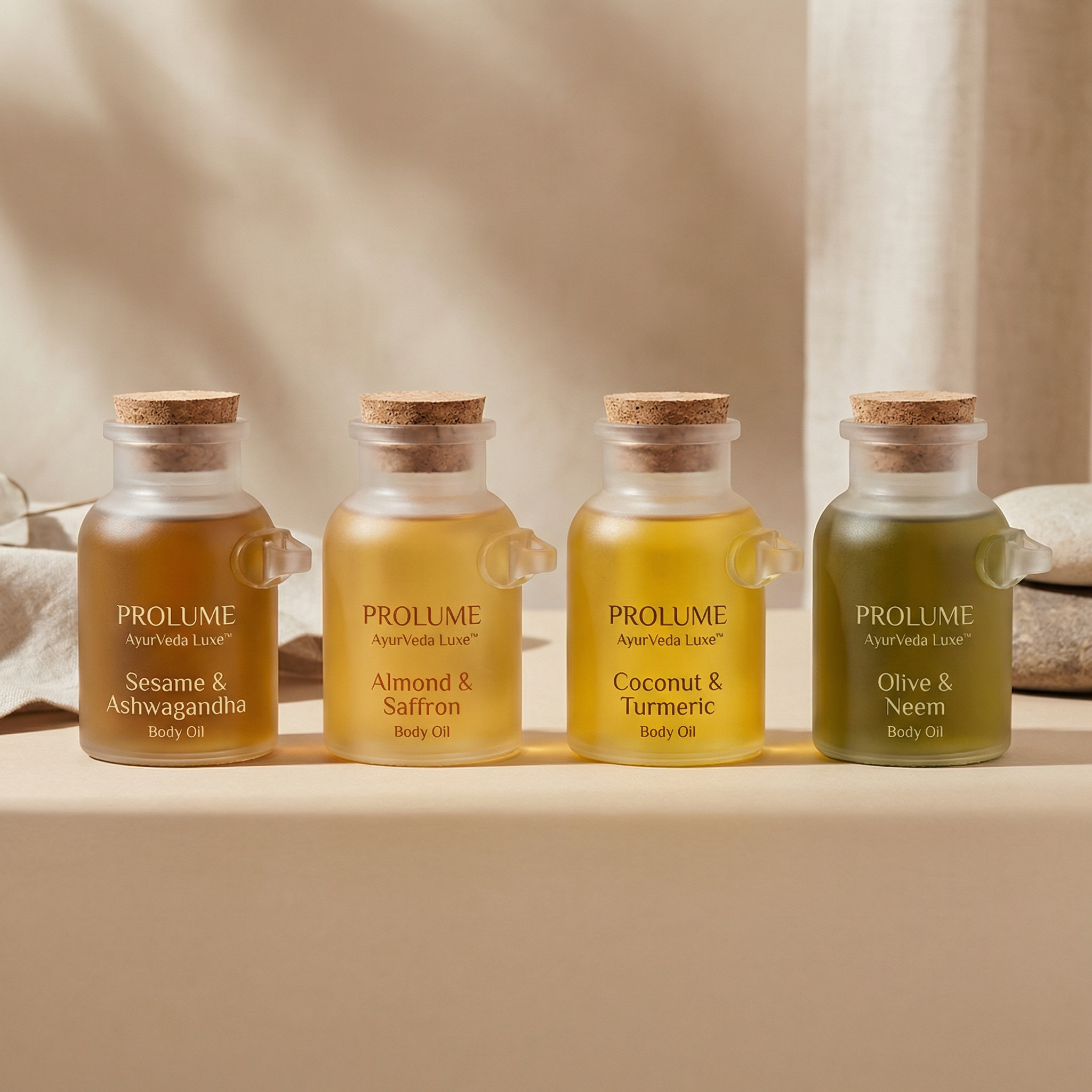 AyurVeda Luxe Highly Viscous Body Oil Set (Pack of 4 – Frost Bottle with Wooden Cork)