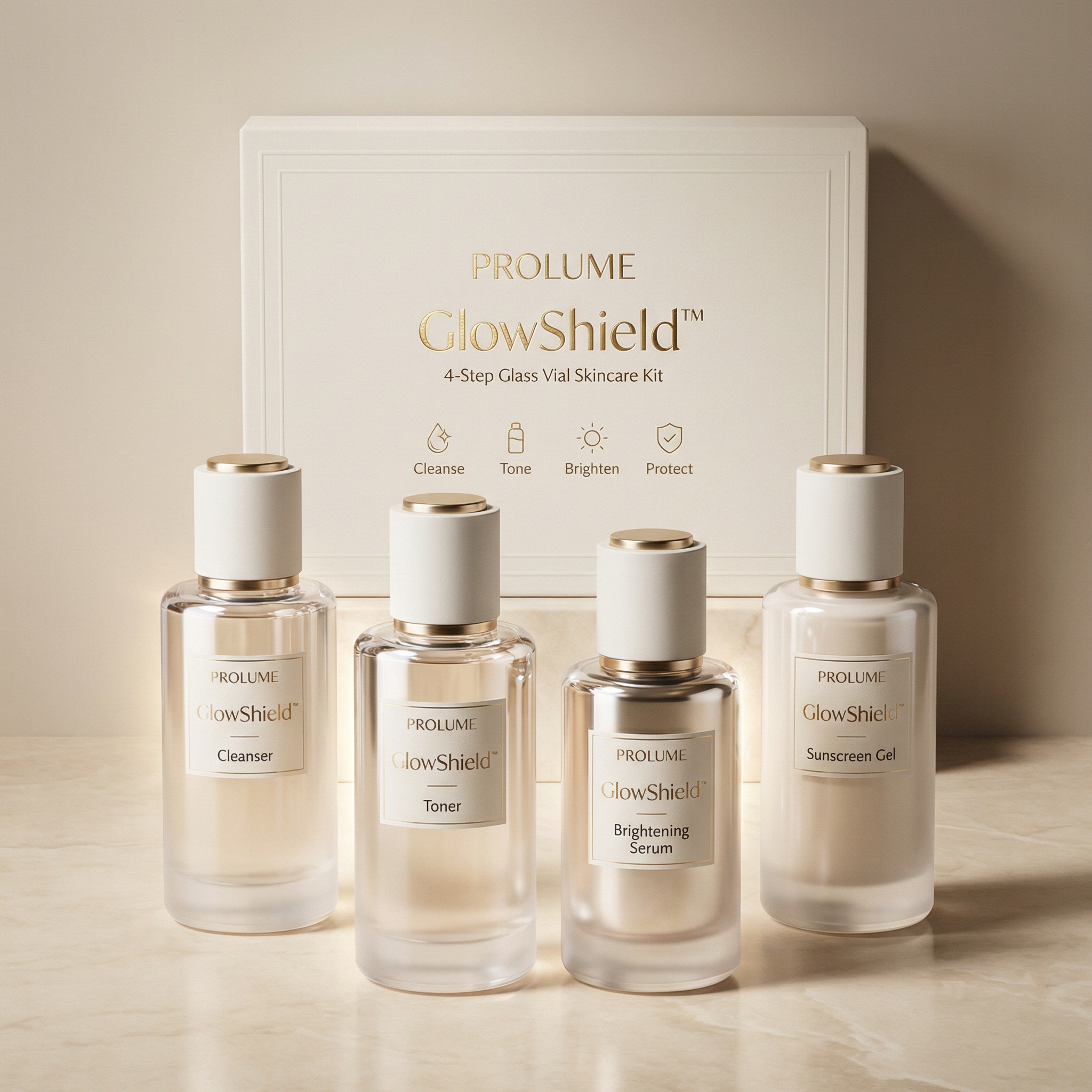 GlowShield 4-Step Glass Vial Skincare Kit  (Cleanser + Toner + Brightening Serum + Sunscreen Gel)