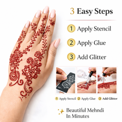 GlitterMehndi™ Art Kit with 10 Henna Tattoo Stencils & 2 Glitter Powders with Glitter Glue