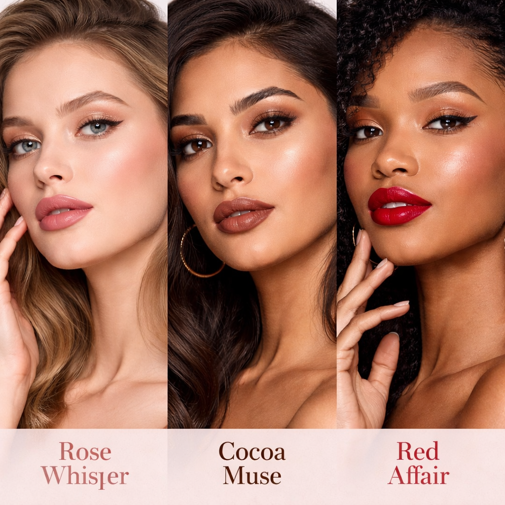 LipMood Matte Lipstick – Rose Whisper, Cocoa Muse & Red Affair (Pack of 3)