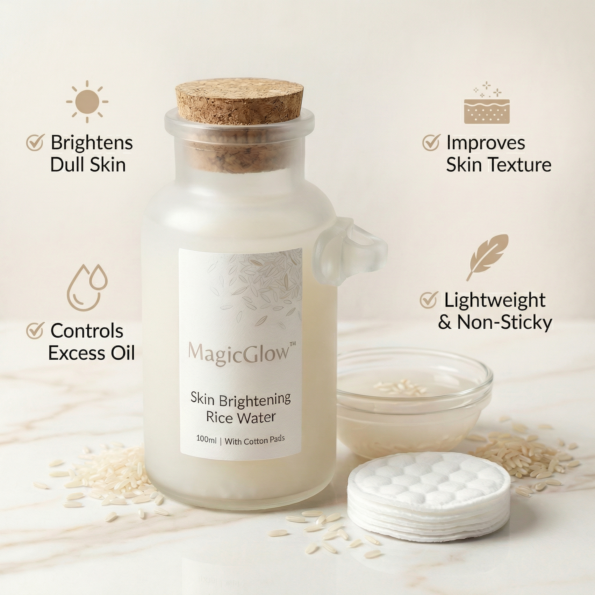MagicGlow Skin Brightening Rice Water  ~100ml | Frost Bottle | With Cotton Pads