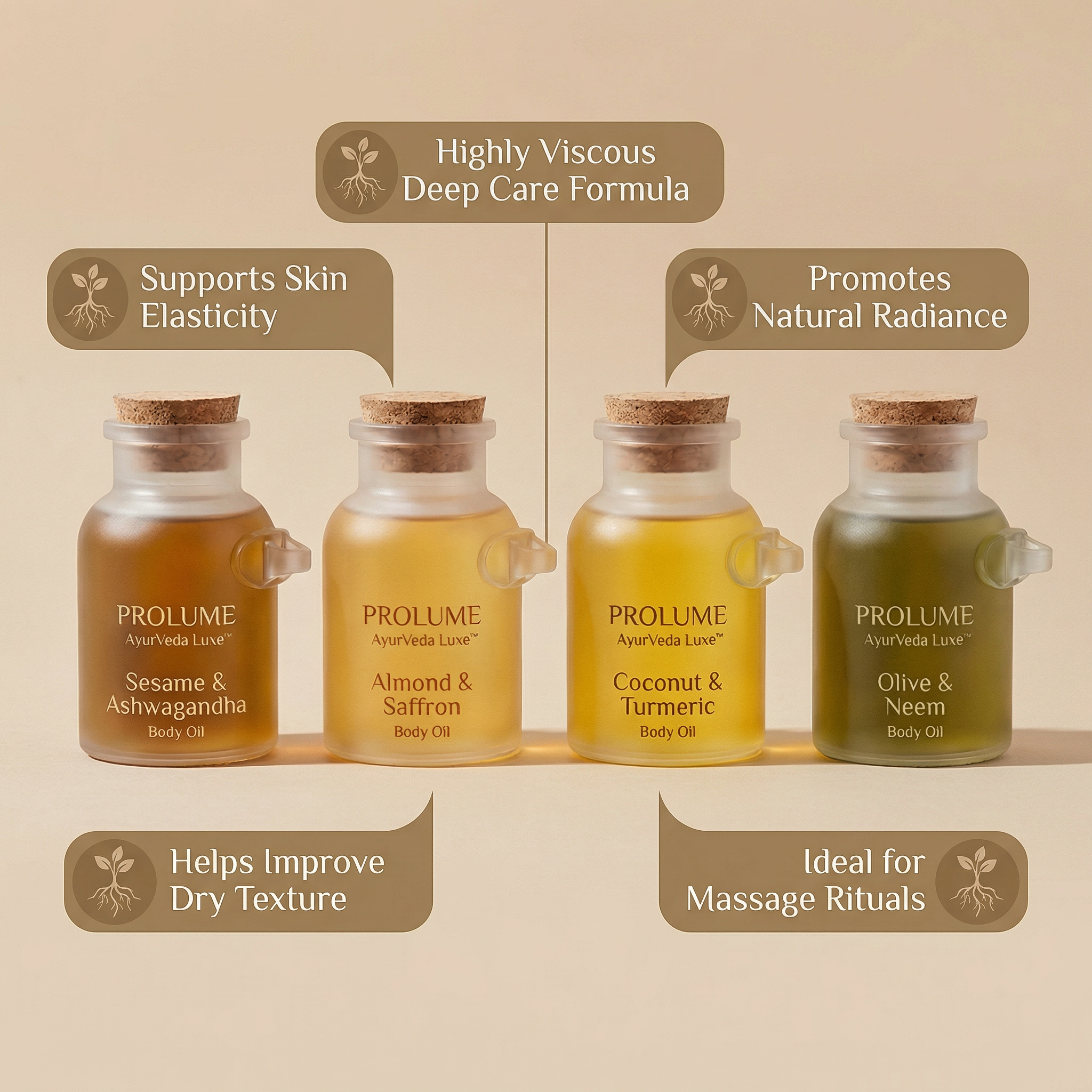 AyurVeda Luxe Highly Viscous Body Oil Set (Pack of 4 – Frost Bottle with Wooden Cork)