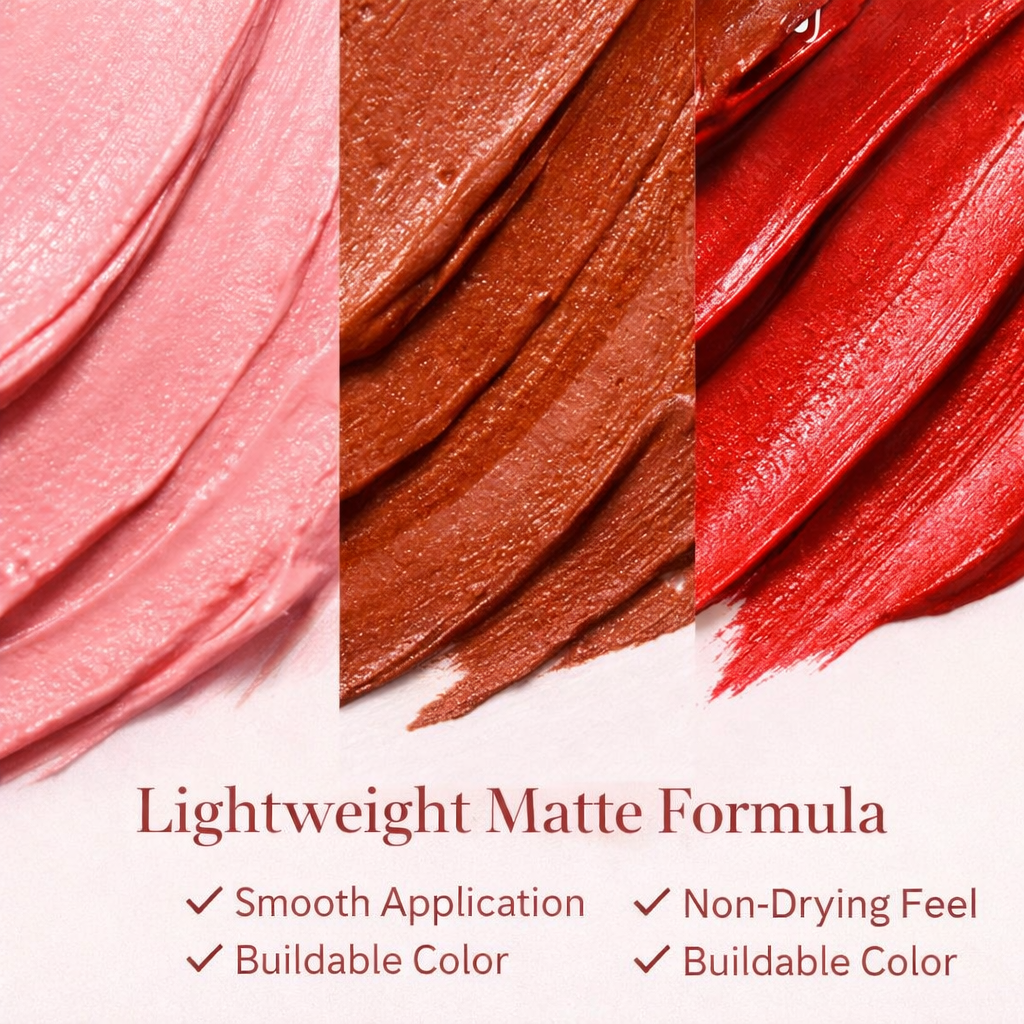 LipMood Matte Lipstick – Rose Whisper, Cocoa Muse & Red Affair (Pack of 3)