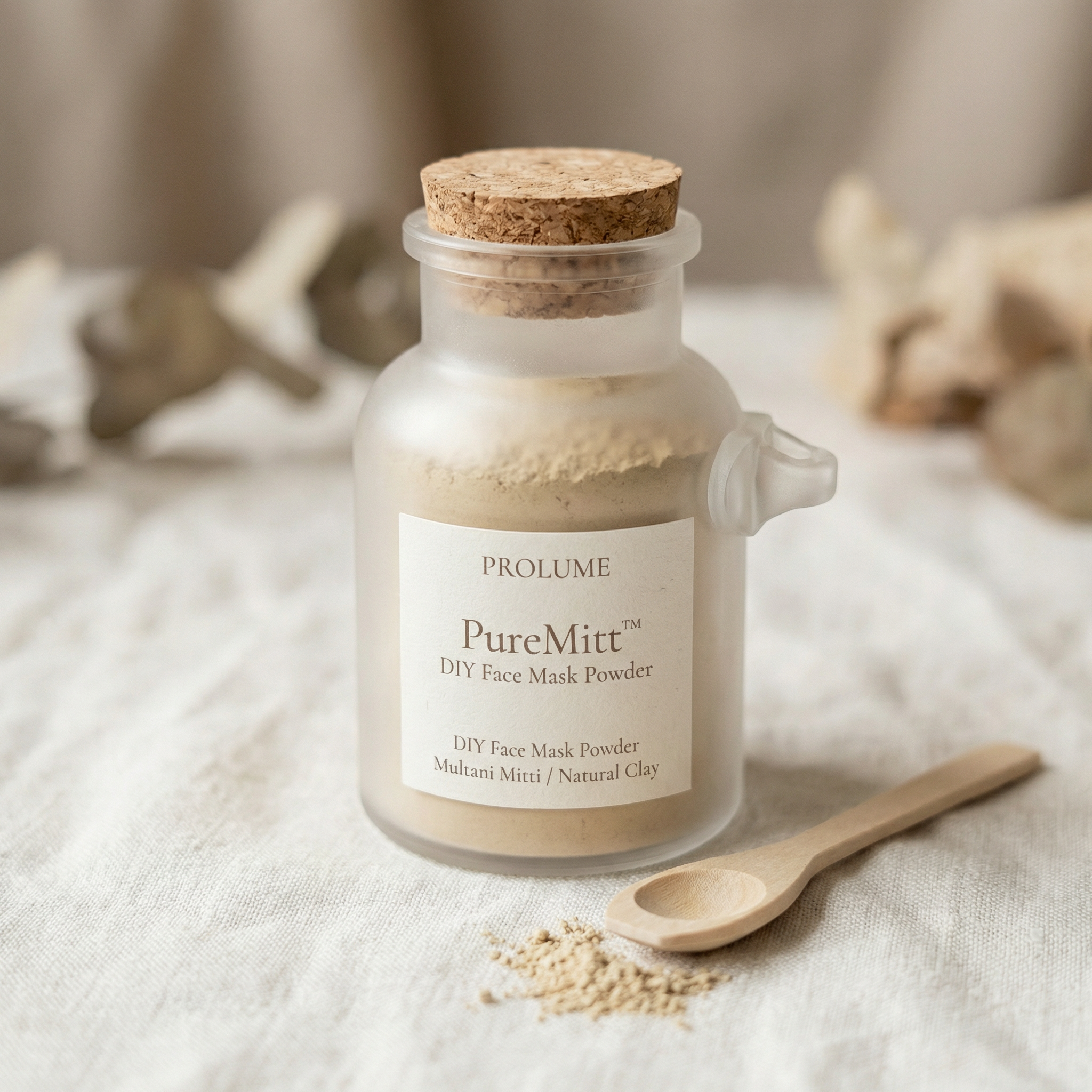 PureMitt DIY Face Mask Powder  (Clay / Multani Mitti – Cork Bottle with Wooden Spoon)