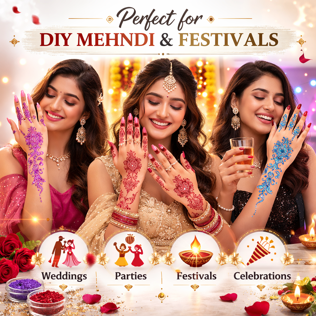 GlitterMehndi™ Art Kit with 10 Henna Tattoo Stencils & 2 Glitter Powders with Glitter Glue