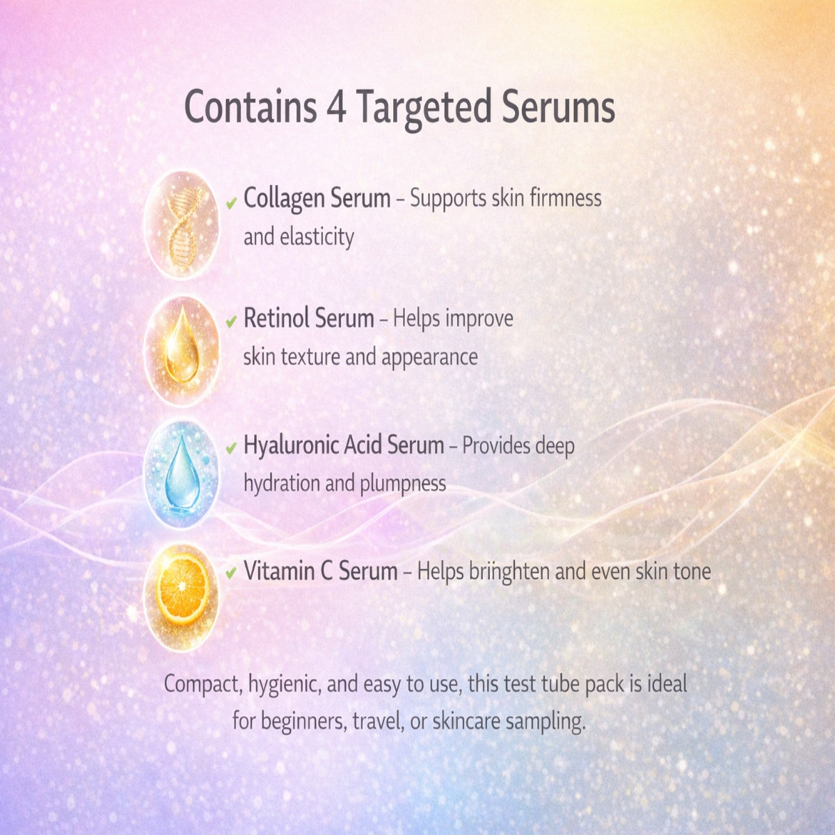 TargetedSerums Test Tube Pack of 4-Collagen, Retinol, Hyaluronic Acid & Vitamin C