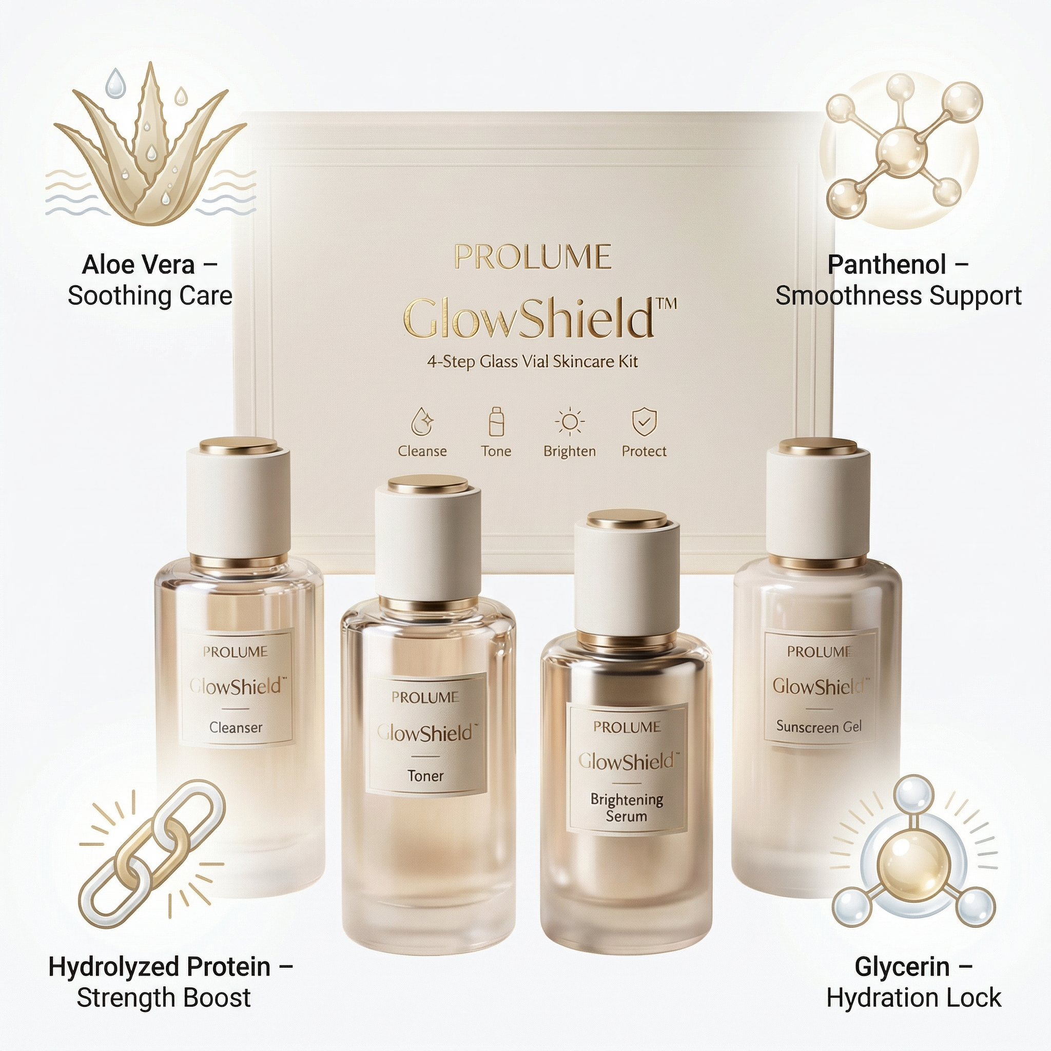 GlowShield 4-Step Glass Vial Skincare Kit  (Cleanser + Toner + Brightening Serum + Sunscreen Gel)