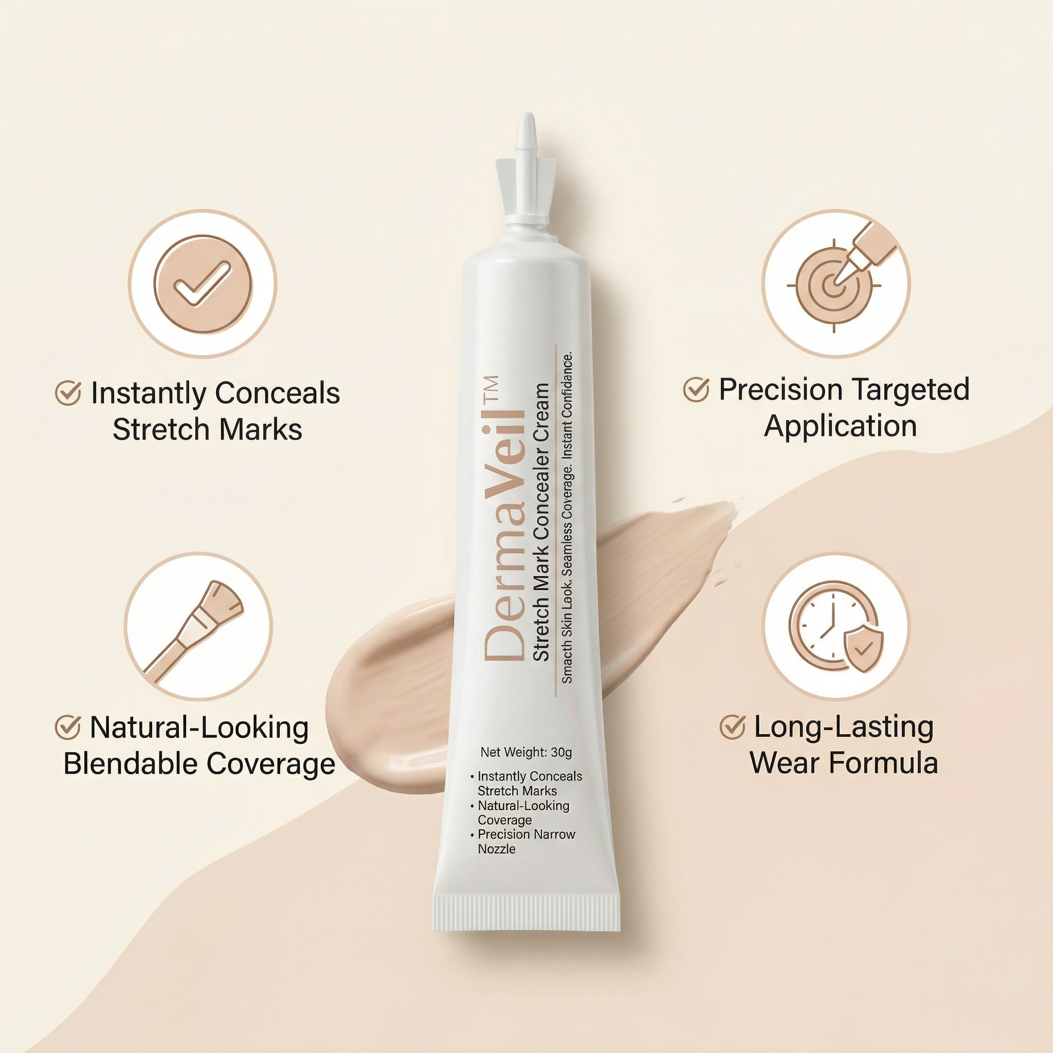 DermaVeil Stretch Mark Concealer Cream  ~30g | Narrow Pointed Dispenser Tube
