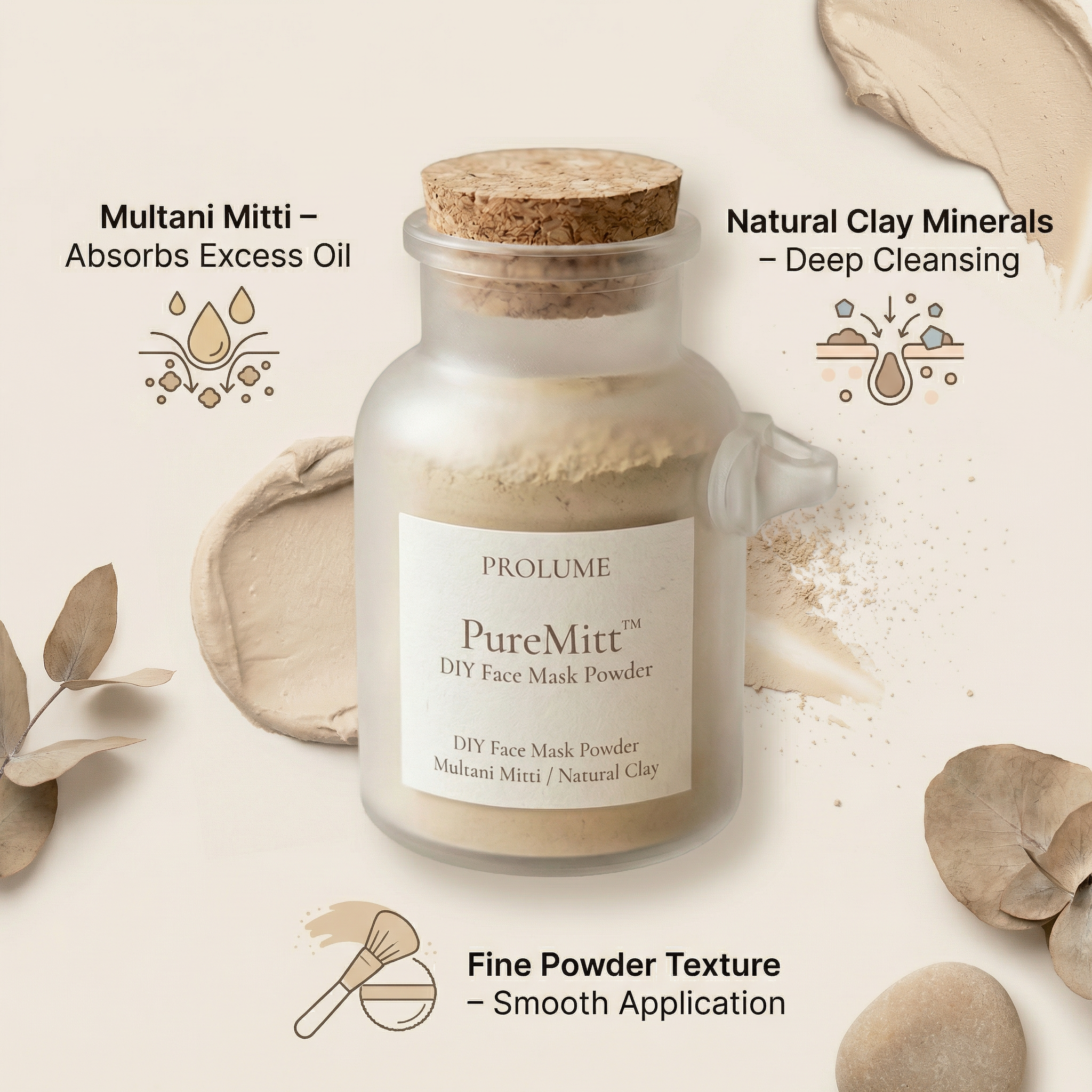PureMitt DIY Face Mask Powder  (Clay / Multani Mitti – Cork Bottle with Wooden Spoon)