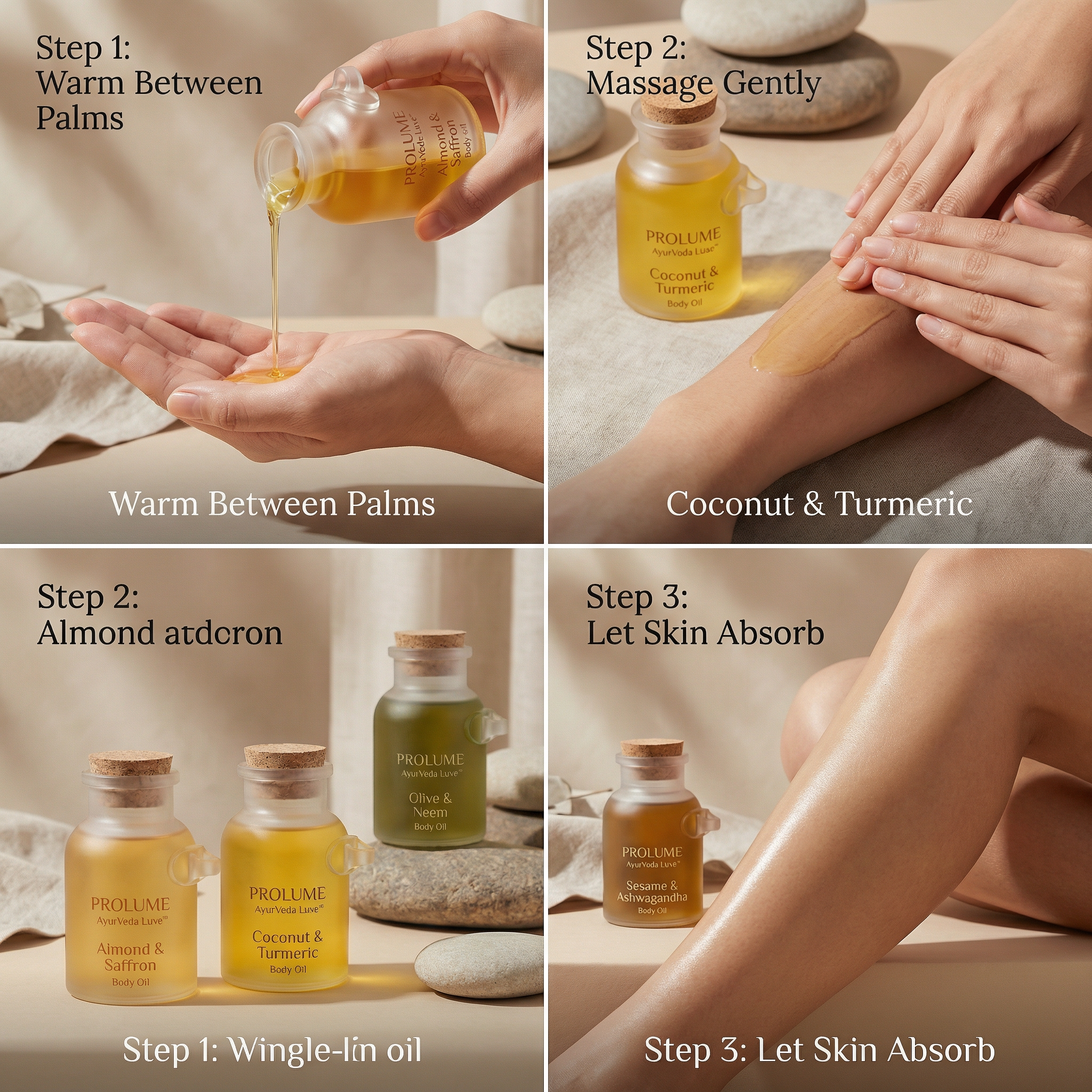 AyurVeda Luxe Highly Viscous Body Oil Set (Pack of 4 – Frost Bottle with Wooden Cork)