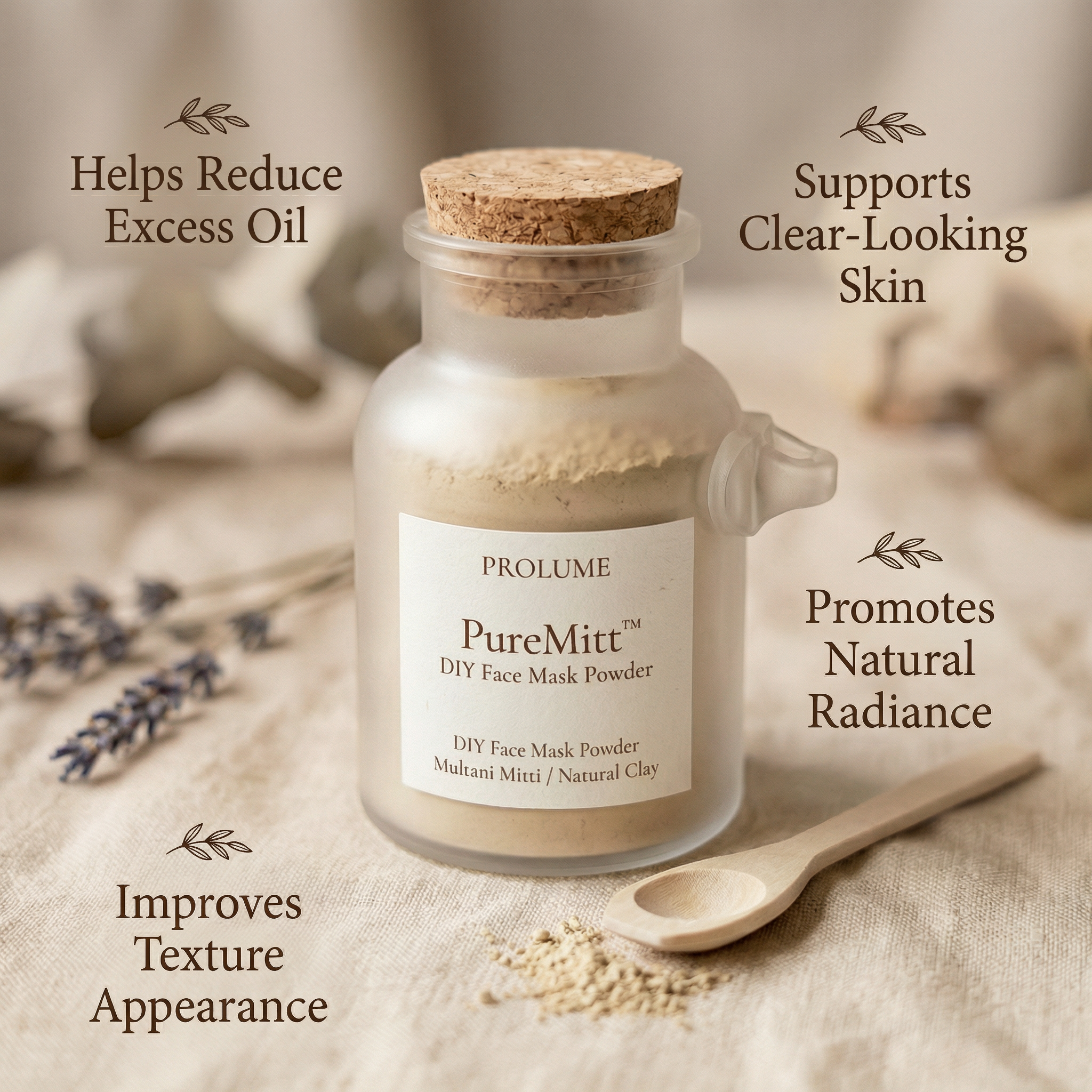 PureMitt DIY Face Mask Powder  (Clay / Multani Mitti – Cork Bottle with Wooden Spoon)