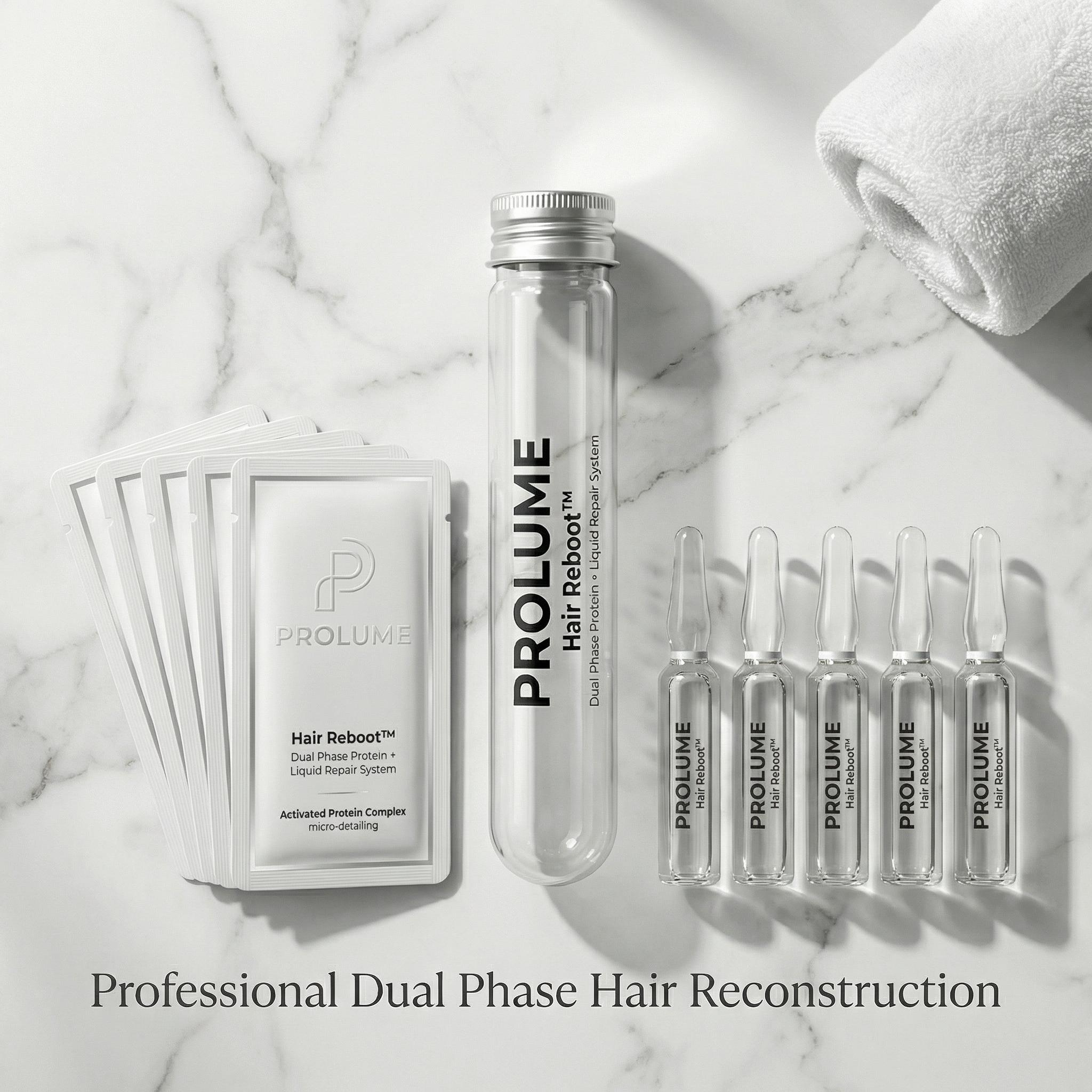 Hair Reboot Test Tube Therapy  Dual Phase Protein + Liquid Repair System  Lab Test Tube Packaging | 1 Tube + 5 Powder Sachets + 5 Liquid Ampoules