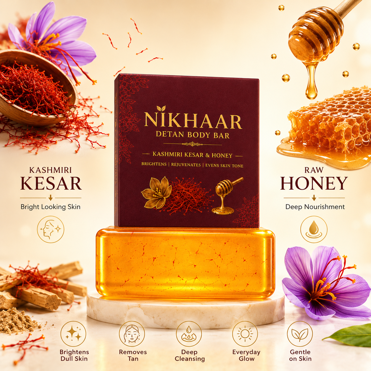 Nikhaar De-Tan Body Bar with Honey and Kashmiri Saffron- Pack of 3