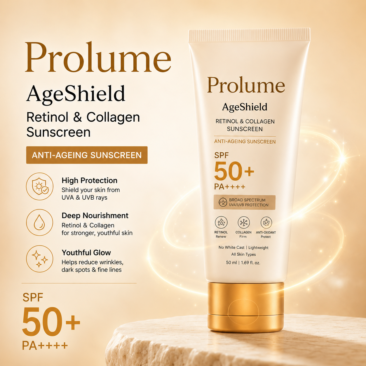 AgeShield Anti-Ageing Sunscreen SPF 50 PA+++ with Retinol, Zinc Oxide & Hydrolyzed Collagen