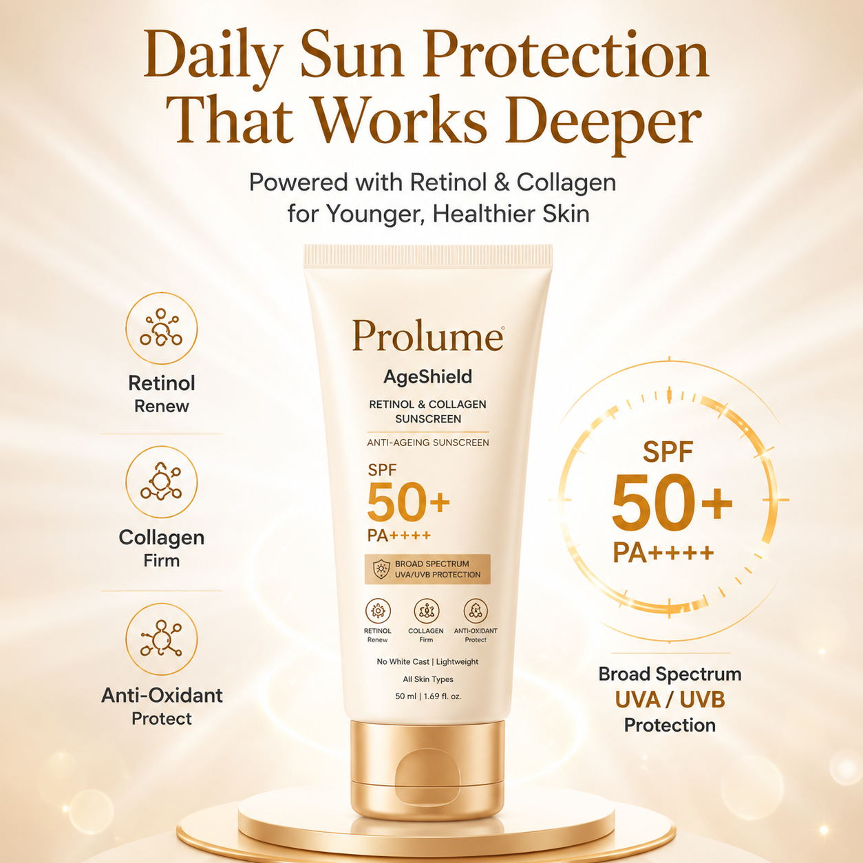 AgeShield Anti-Ageing Sunscreen SPF 50 PA+++ with Retinol, Zinc Oxide & Hydrolyzed Collagen