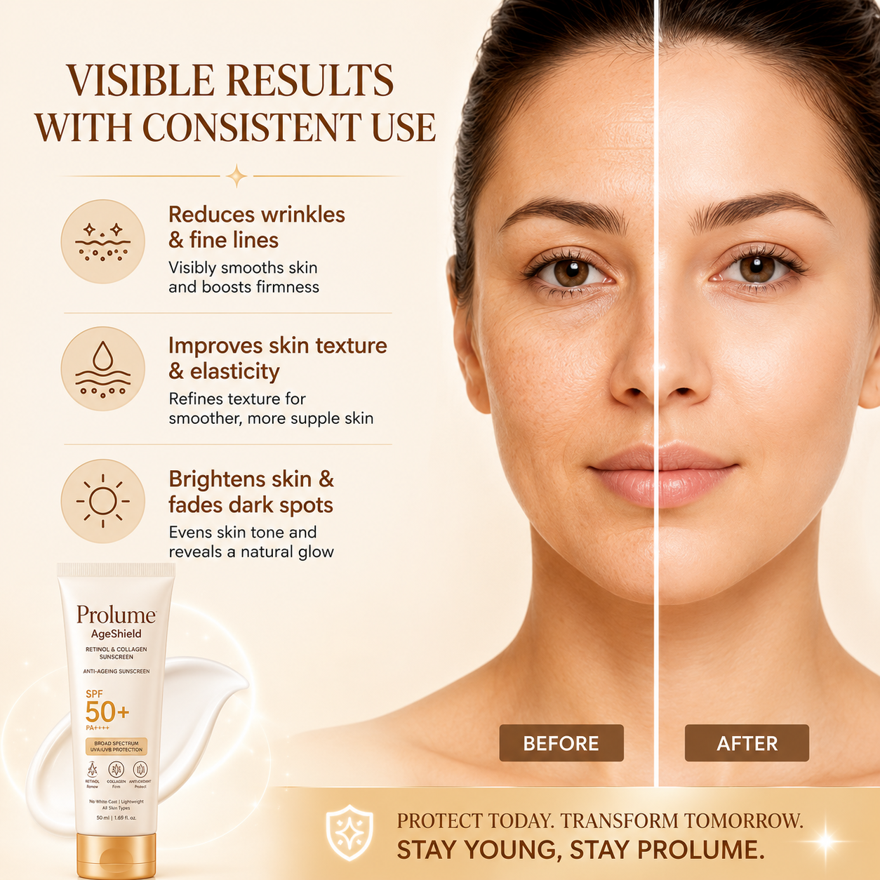 AgeShield Anti-Ageing Sunscreen SPF 50 PA+++ with Retinol, Zinc Oxide & Hydrolyzed Collagen